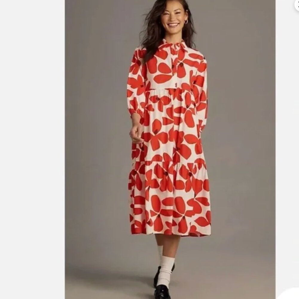 Maeve Anthropologie Bettina Midi Dress Tiered Buttondown Red Flowers SP - Picture 2 of 14